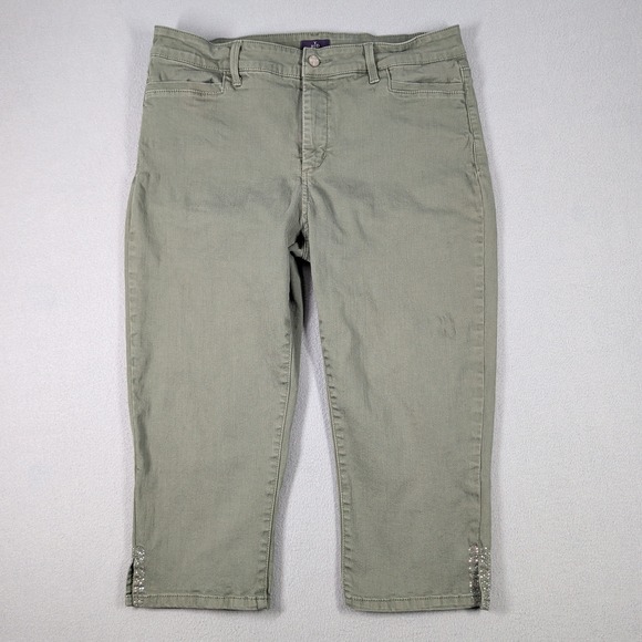 NYDJ Pants - NYDJ Pants Women's 14 Olive Green Cotton Blend Cropped Embellished Hem Casual‎